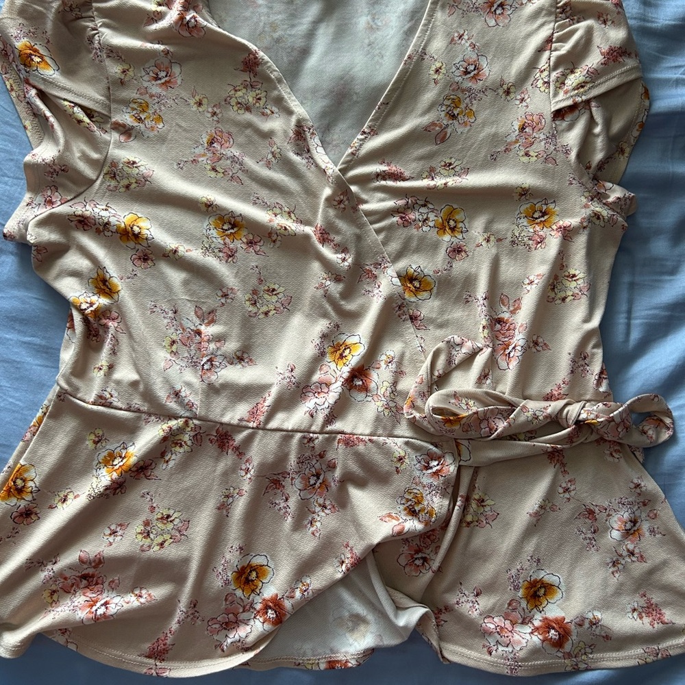 AUW Floral Wrap Blouse - Cream and Yellow